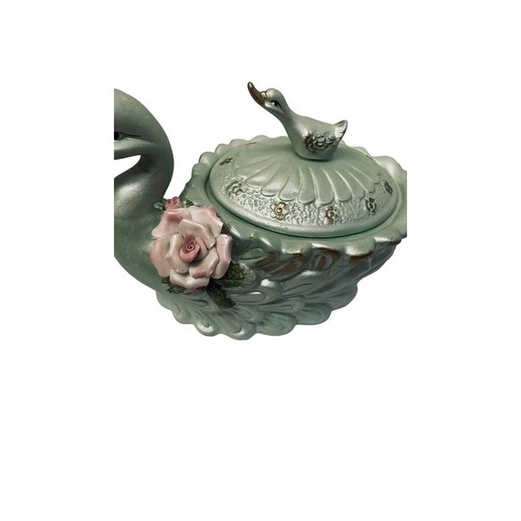 American Style Porcelain Blue Swan Lidded Cookie Jar Collectible Decorative 9" - Picture 10 of 15